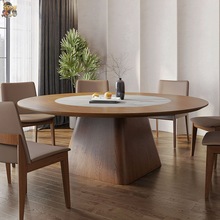 大型餐桌圆形北欧餐桌椅家用时尚实木胡桃色带嵌入转盘岩板圆桌