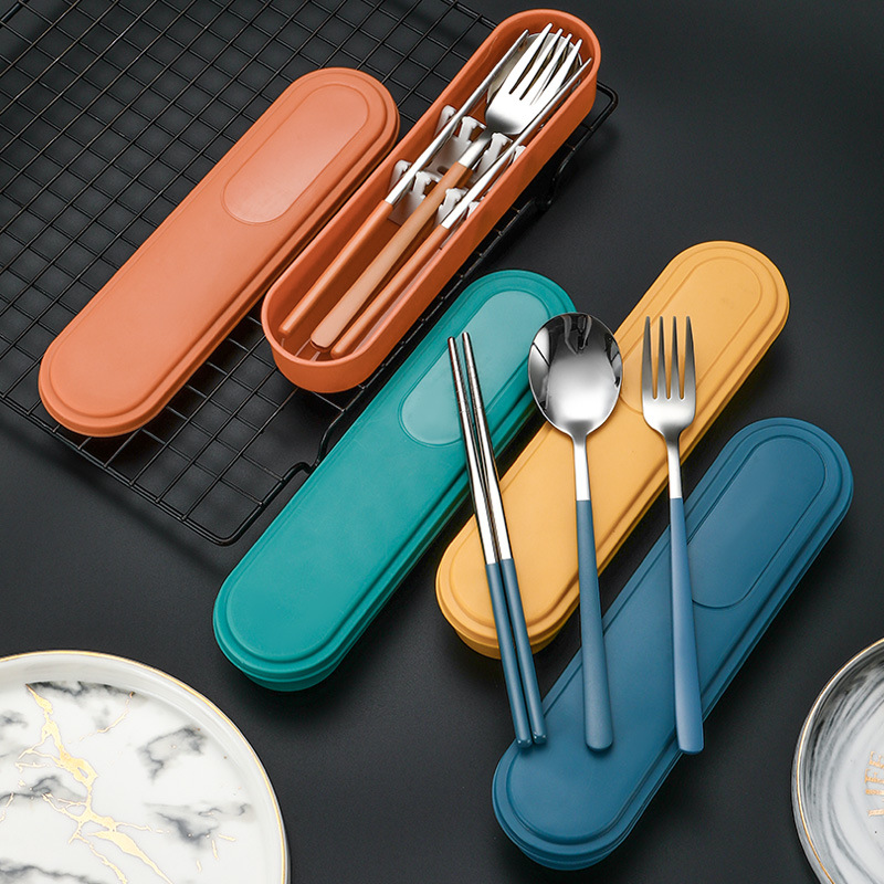 Stainless Steel Spoon Fork Chopsticks Portable Tableware Three-Piece Set Student Office Worker Outdoor Travel Storage Tableware Set