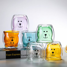 透明双层卡通小熊玻璃杯创意简约儿童水杯彩色内胆小熊造型玻璃杯