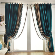 跨境专供北欧风轻奢高档客厅卧室遮光加厚绒布拼接成品窗帘布批发