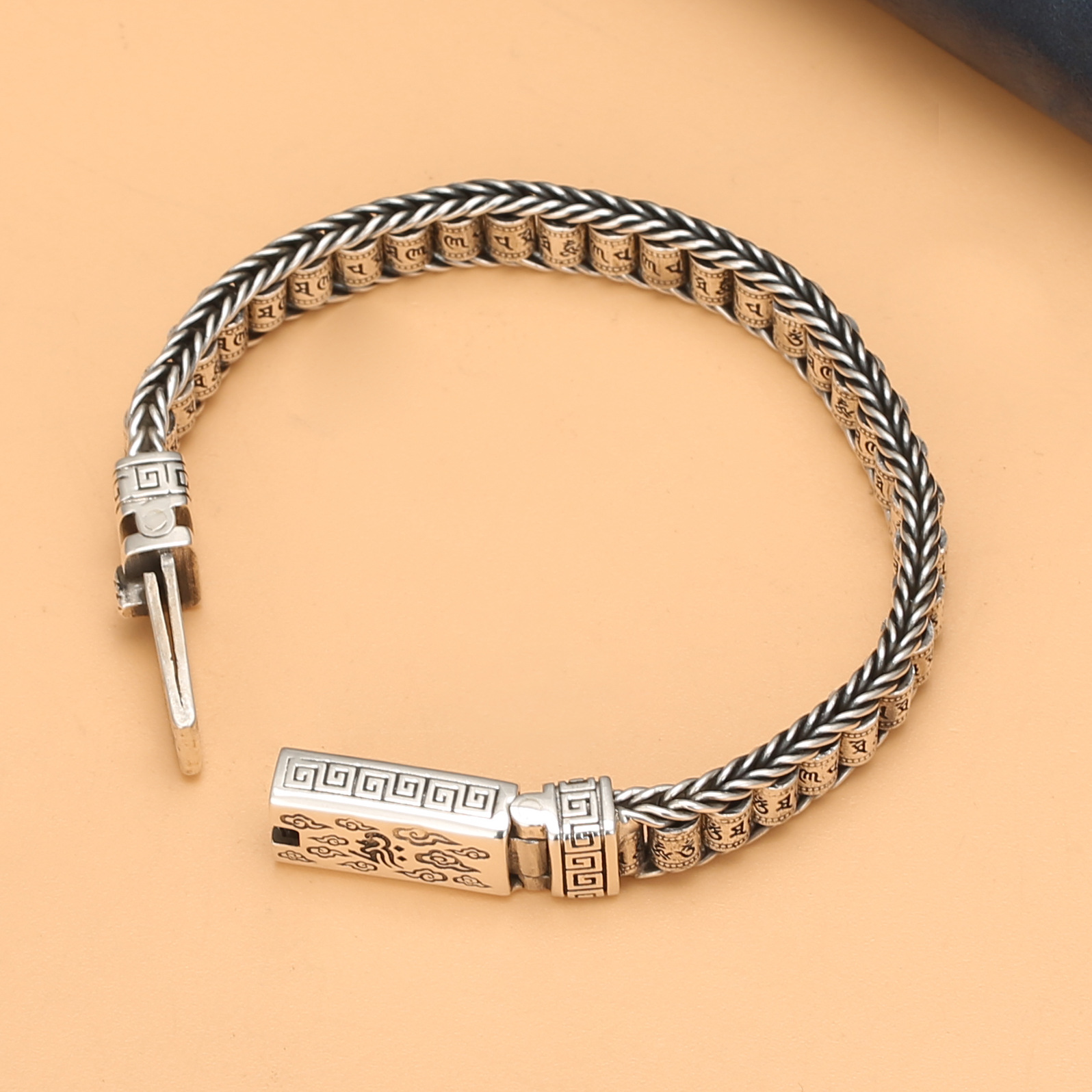 s925纯银男士转经筒手链国潮路路通祥云银链子情侣款转运珠女首饰