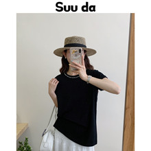韩系2024夏季新款简约净版钉珠圆领女士短T恤衫休闲时尚套头上衣