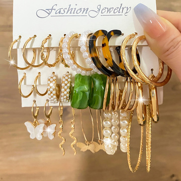 欧美跨境5件套耳环 复古合金蝴蝶蛇形耳钉创意简约亚克力耳环套装