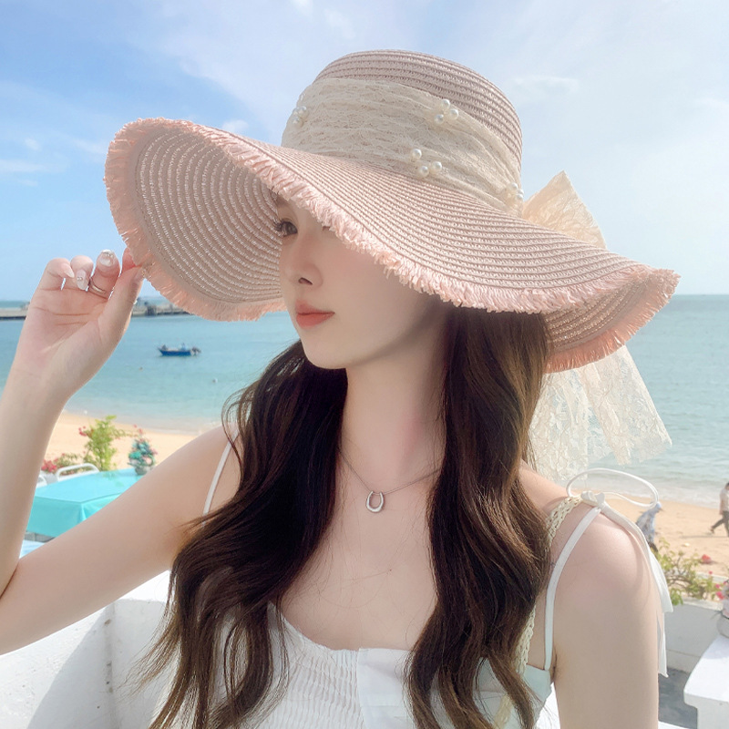 summer new hat female lace ribbon pearl straw hat beach sun protection sun hat breathable big brim sun hat wholesale
