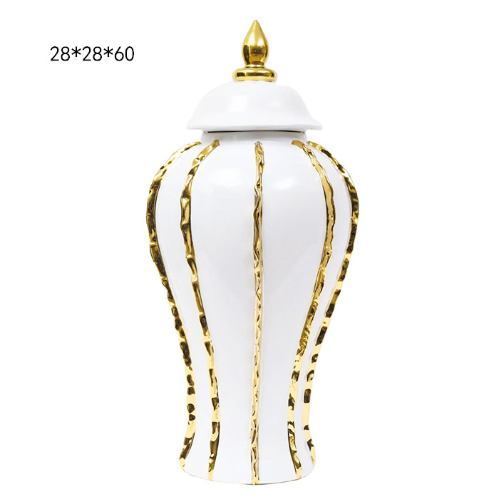 European Entry Lux Electroplated Ceramic Stripe Temple Jar Open Large Vase Model Room Living Room and Hotel Entrance Decoration