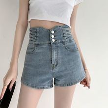 2022夏季新品高腰排扣弹力牛仔短裤女Women Jeans Shorts