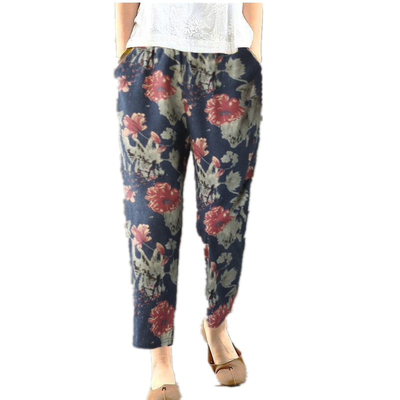 女士新款棉麻花裤子外穿春夏薄款高腰女休闲女裤直筒中年哈伦裤潮