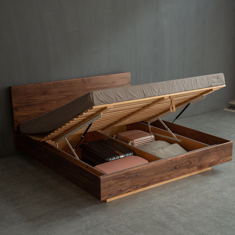 现代简约悬浮高箱体储物床日式北欧黑胡桃橡木小户型气压床防地暖
