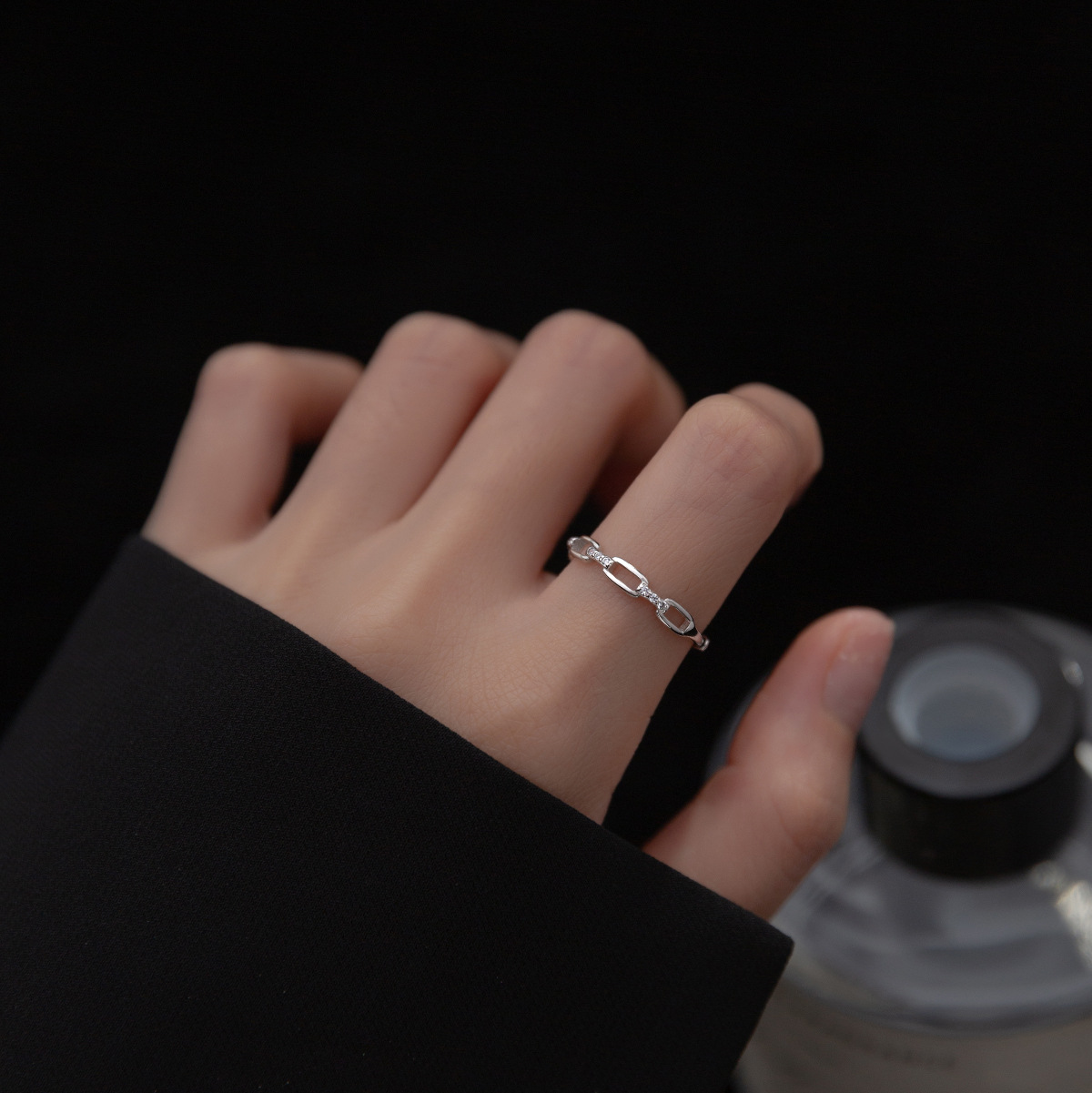 爱洛奇 s925银韩版简约锁链戒指时尚气质小清新女食指戒r00338