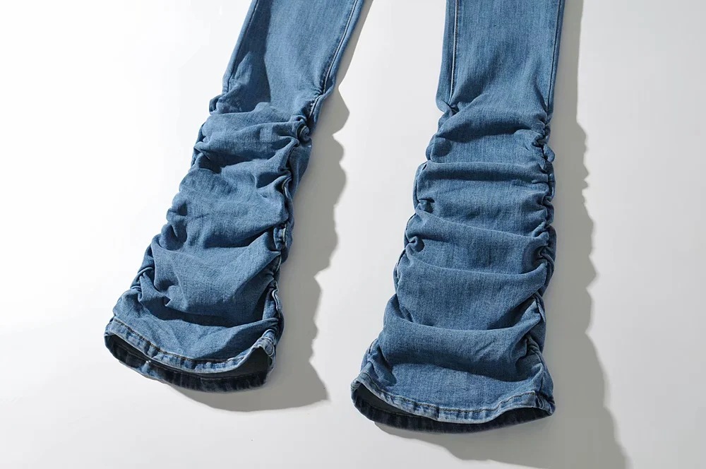 性感裤腿堆叠牛仔裤欧美时尚博主同款高腰显瘦牛仔堆堆裤长裤