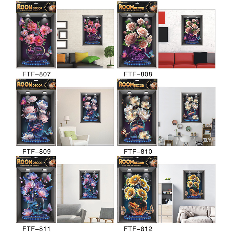 Factory Direct Sales New 3d Vase Painting with Photo Frame Stickers Self-Adhesive Large Size Layer Stickers Entrance Wall Decals