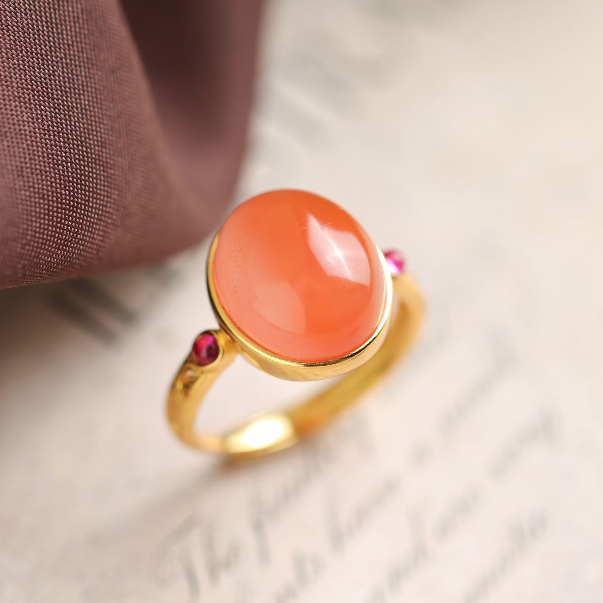 熹瑞冰红南红玛瑙蛋面戒指简约大气纯银镶嵌女士饰品椭圆开口戒