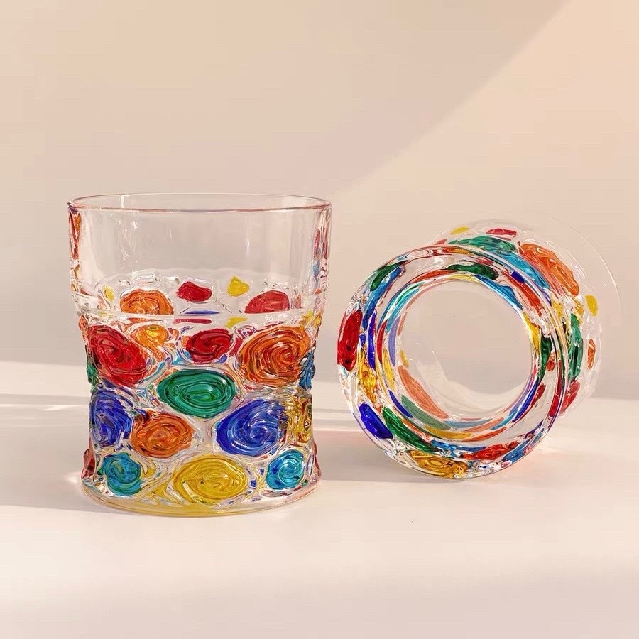 意大利梵高星月夜星空杯彩绘玻璃杯轻奢小众水杯高颜值漱口杯批发