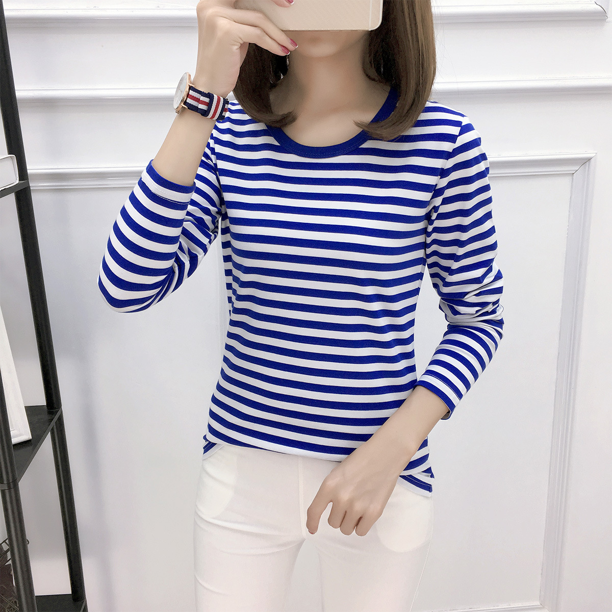 春秋新款长袖情侣装海魂衫女蓝白条纹精梳棉图案t恤