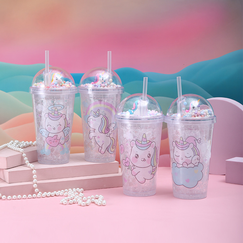 New Cute Unicorn Translucent Cup with Straw Double-Layer Portable Plastic Cup Cute Cartoon Teenage Girl Crushed Ice Cup