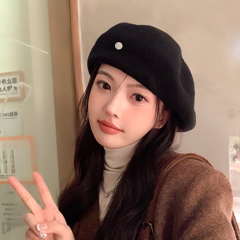 2024新款黑色贝雷帽女秋冬复古英伦穿搭蓓蕾帽子显脸小羊毛画家帽