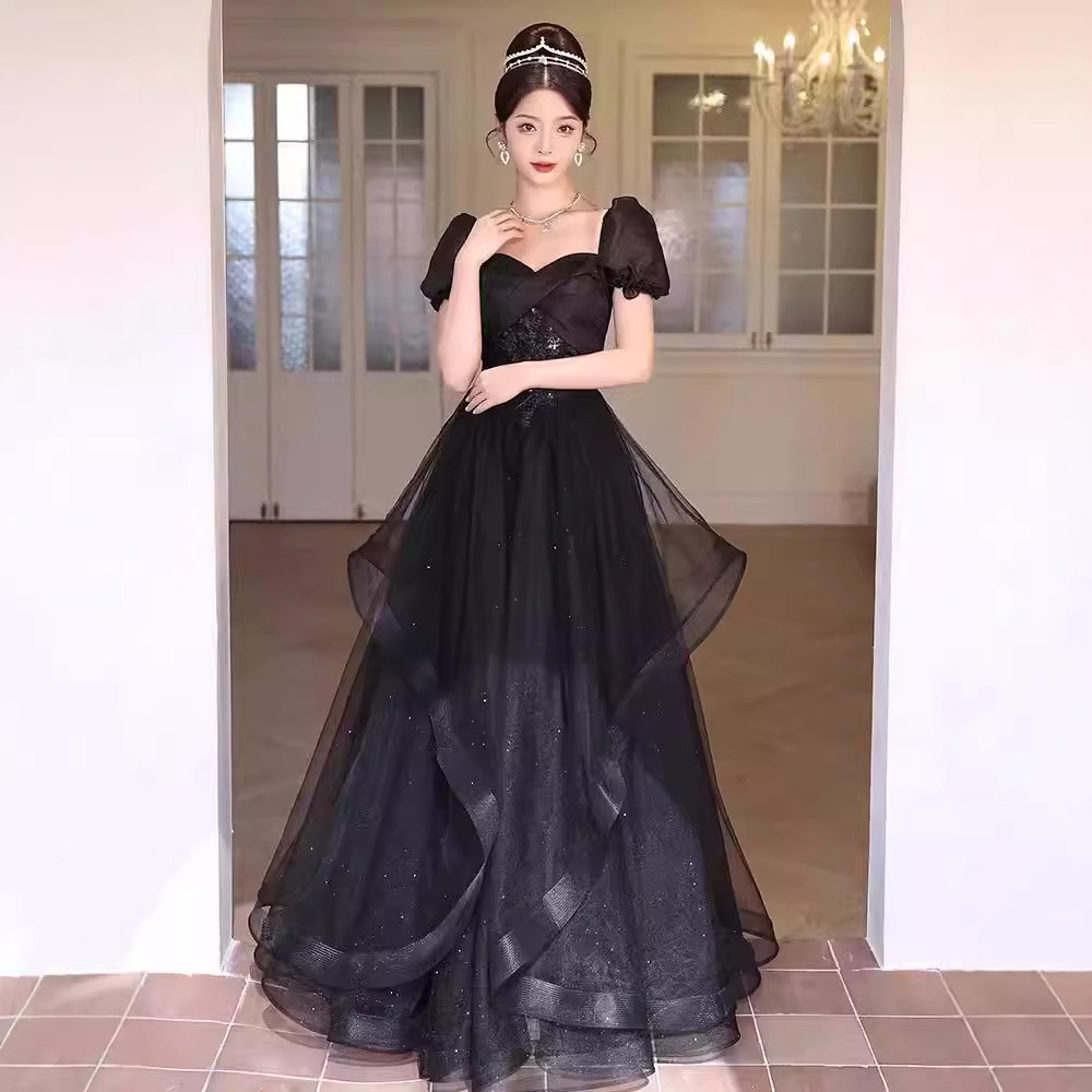 黑色一字肩晚礼服裙女宴会气质轻奢长款学生艺考主持成人礼演出服