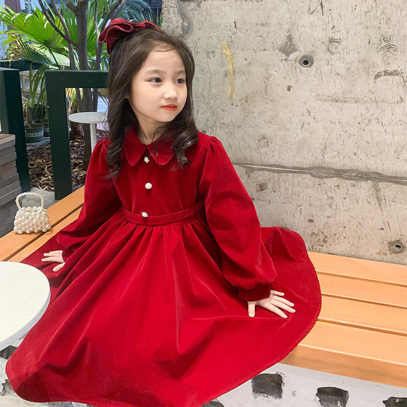 儿童冬季圣诞红色礼服21小花童婚礼公主裙女童生日主持长袖连衣裙