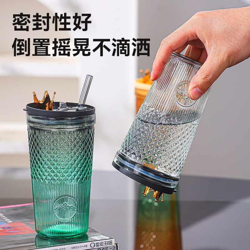 Internet Celebrity Colorful Crown Large Capacity Clear Glass Straw Glass Cup Advertising Cup Gift Cup