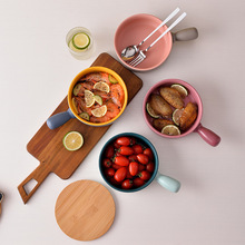 3T23批发家用陶瓷手柄碗烤箱专用儿童泡面碗水果沙拉带盖手把学生