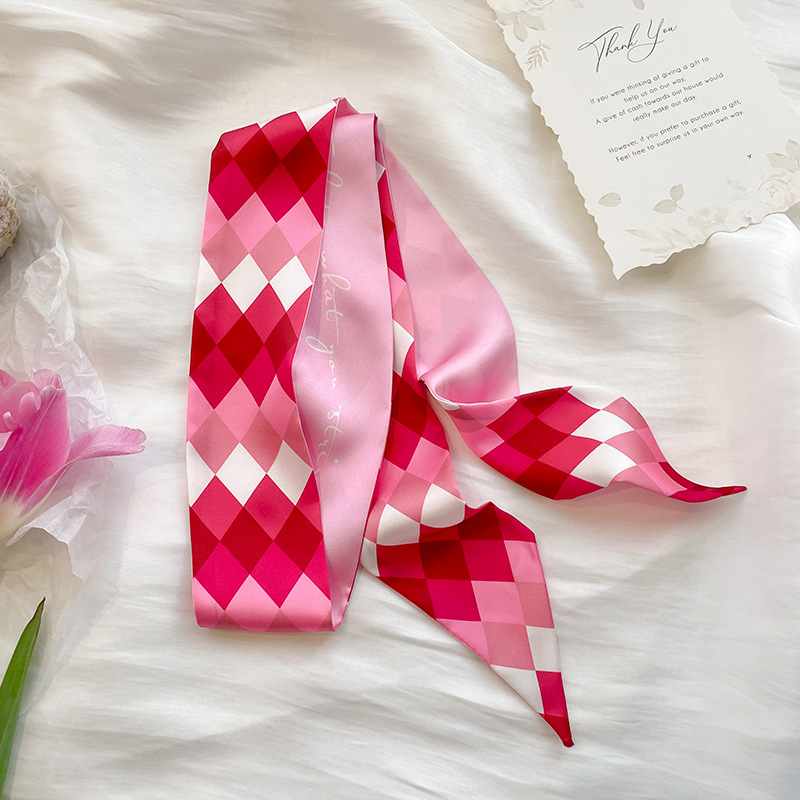 Korean Spring and Summer Pink Diamond Plaid Thin Narrow Double-Sided Satin Ribbon Silk Scarf Women's Long Arm Bag Hair Band