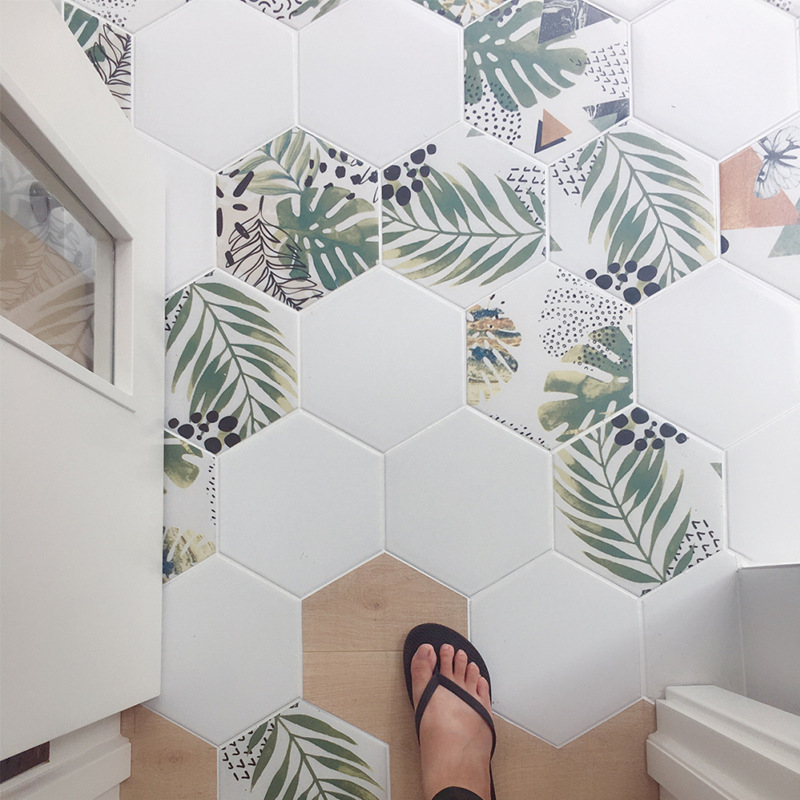 小六角砖绿色植物花砖北欧清新餐厅防滑地砖卫生间墙面六边形瓷砖