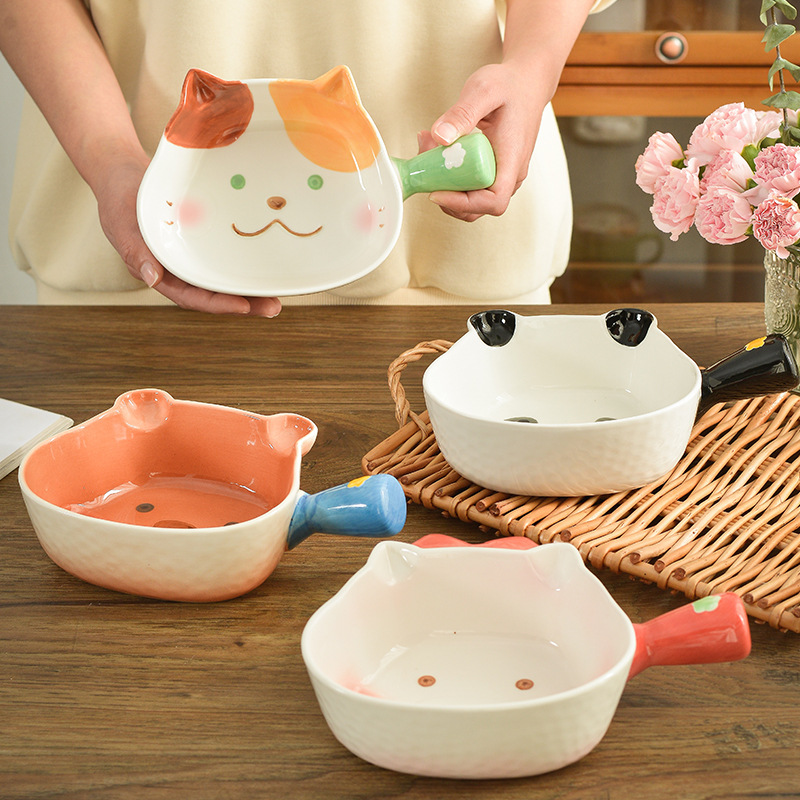 Cute Cartoon Porcelain Handle Bowl Underglaze Fruit Salad Bowl Ramen Bowl Microwaveable Oven Household Tableware
