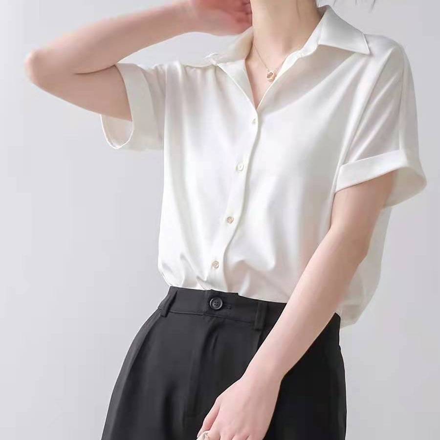白色短袖衬衫女夏复古宽松日系t恤缎面上衣