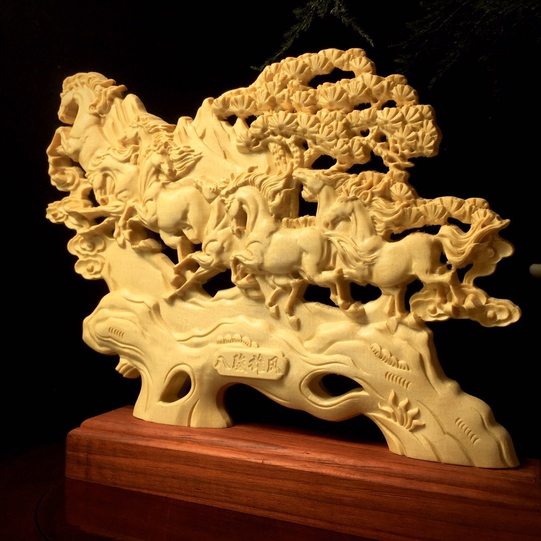 黄杨木雕刻八骏雄风摆件木质工艺品八骏马居家办公桌面摆饰工艺品