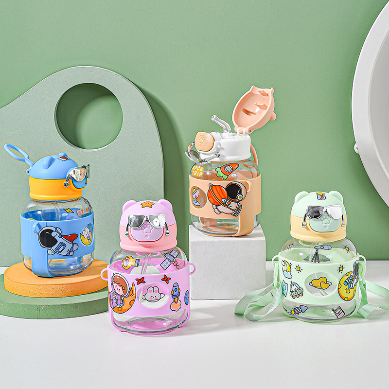 Cup Chuanggao Look Cool Electroplating Glasses Cartoon Plastic Cup Children Go out Portable and Cute Strap Straw Kettle