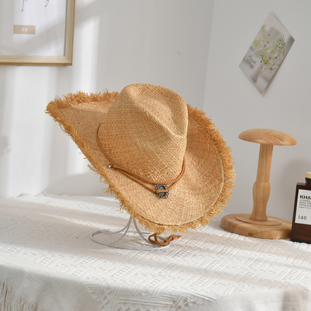 Korean Style Fashionable Frayed Hem Wide Brim Cowboy Hat Raffia Straw Flanging Hat Seaside Sun-Proof Solid Color Straw Hat