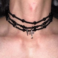 黑石项链重工哥特朋克多层choker叠戴时尚复古黑吊个性十字架项链