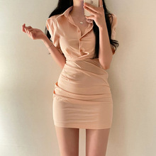 韩国chic夏季气质翻领设计感纯色修身显瘦包臀短裙衬衫式连衣裙