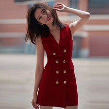 江疏影明星同款穿搭小香风双排扣中长款西装连衣裙女夏季新款红色