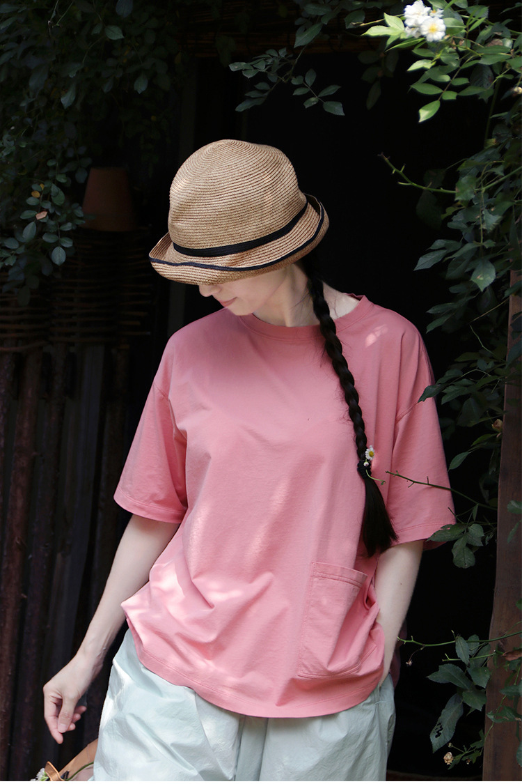 夏款文艺复古桃粉亲柔蓬松针织布圆领方形短袖宽松t恤短袖上衣