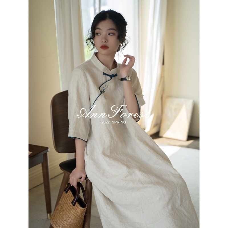 Cotton and Linen Dress 2023 Summer Artistic Retro Embroidery New Chinese Style Improved Cheongsam Dress Small Stand Collar an Embroidered Skirt