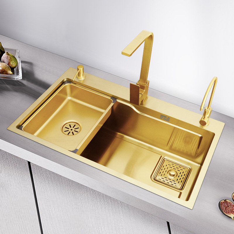 Gold Nano Sink 304 Stainless Steel Handmade Kitchen Vegetable Basin Single Sink Household Sink Side Hole Drop-in Sink