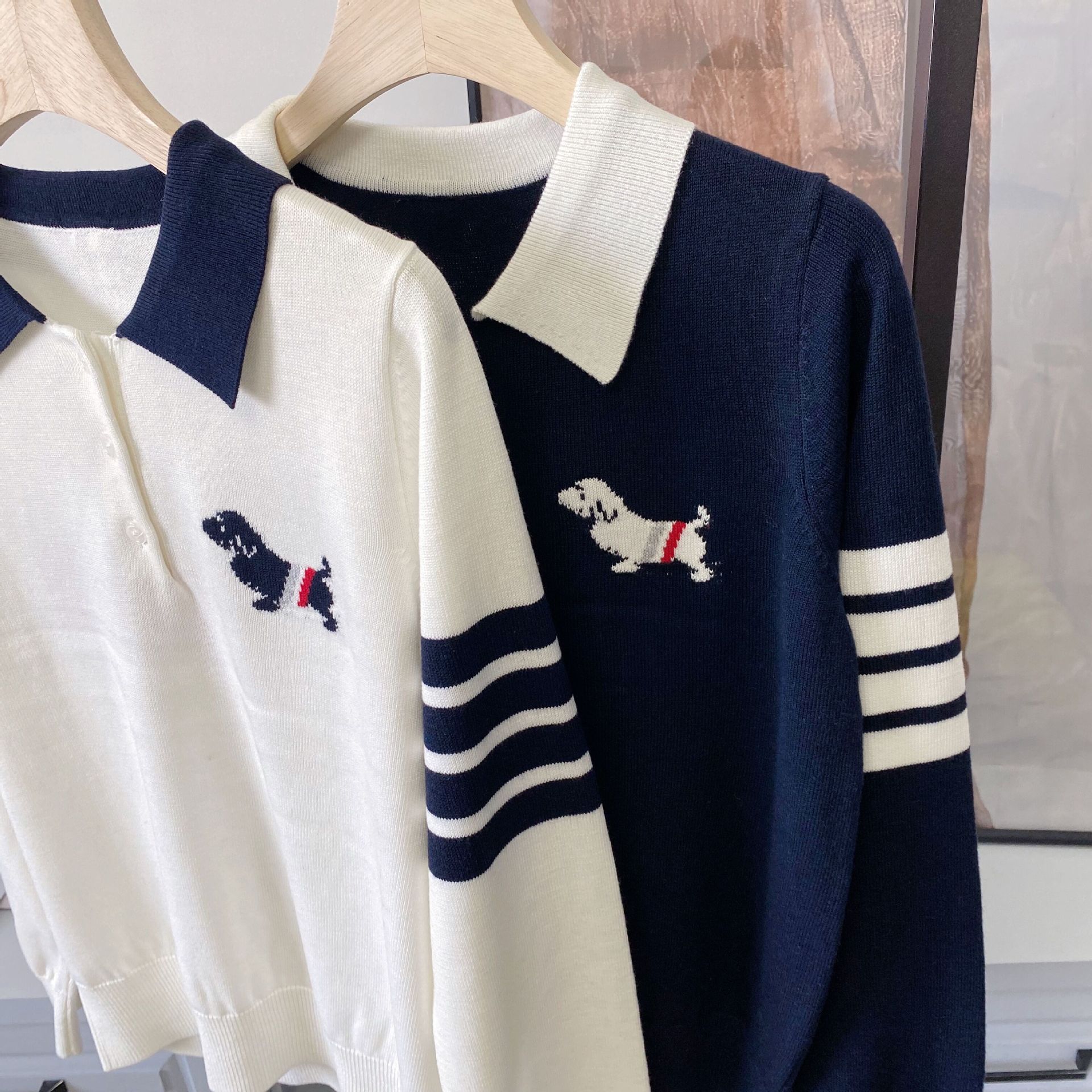 tb学院风卡通小狗polo翻领毛衣女条纹撞色四道杠减龄羊毛针织衫