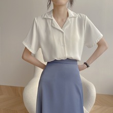 实拍夏季新款韩国chic宽松v西装领时尚短袖衬衫女纯色雪纺上衣