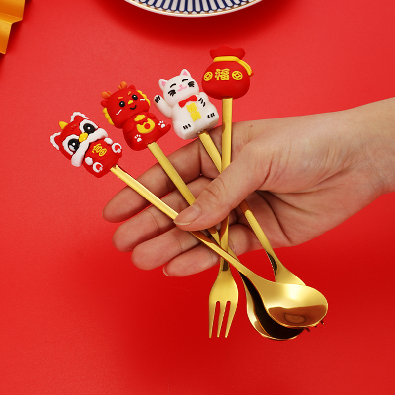 Dragon Year Tableware Cute Cartoon Doll Stainless Steel Spoon Fortune Cat Fruit Fork New Year Lucky Bag Gift Set