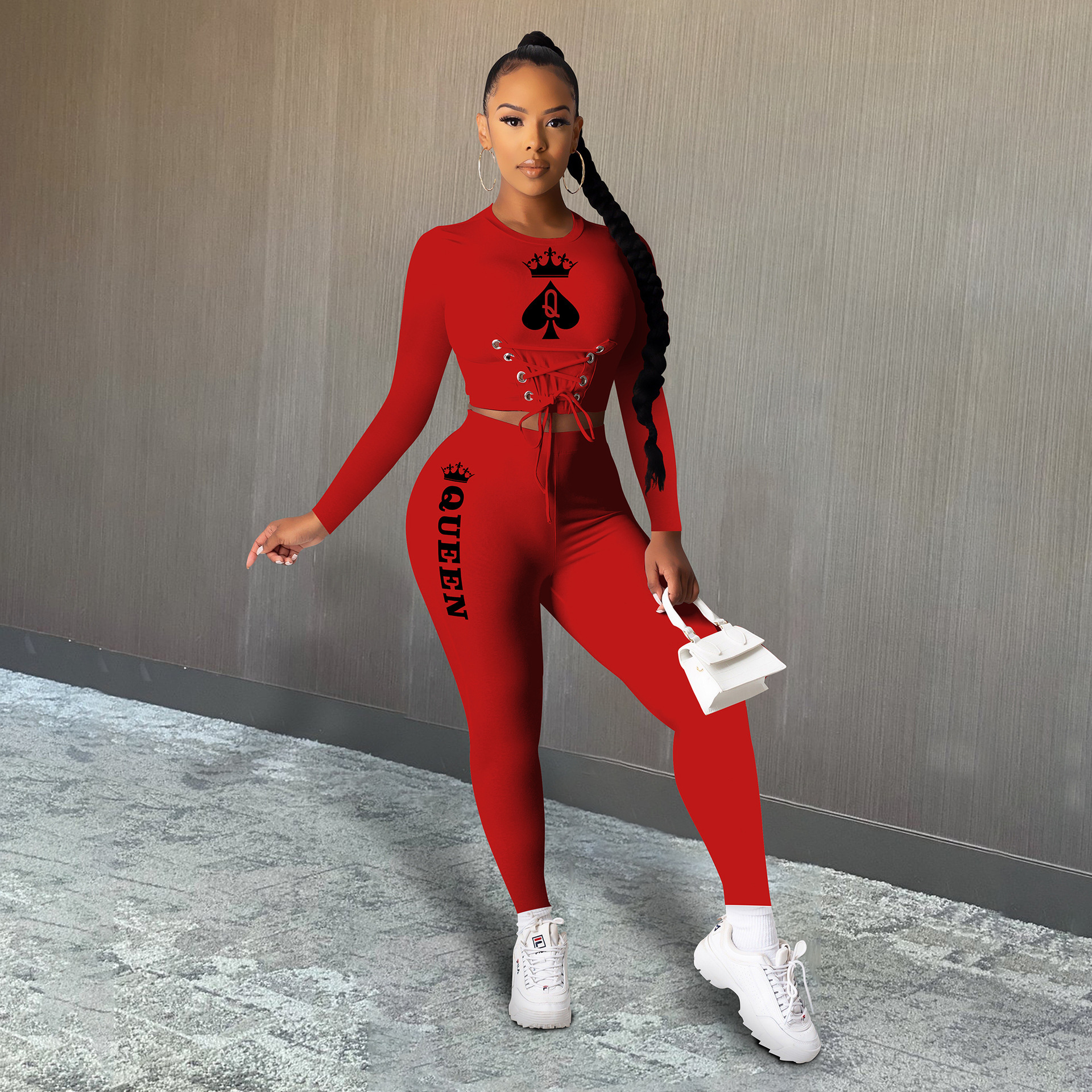 跨境欧美女装亚马逊黑桃q扑克牌queen印花绑带修身套装女大码