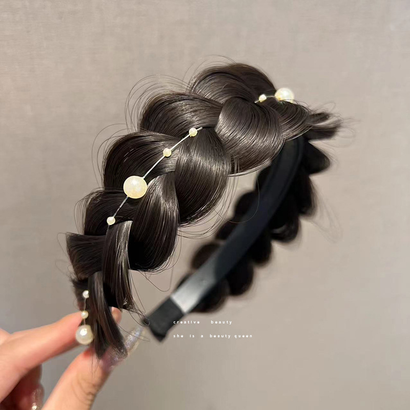 Internet Influencer Pearl Twist Braid Wig Hair Hoop Fishbone Plaits Fluffy Non-Slip Face Washing out High Skull Top Hairpin Hair Ornaments