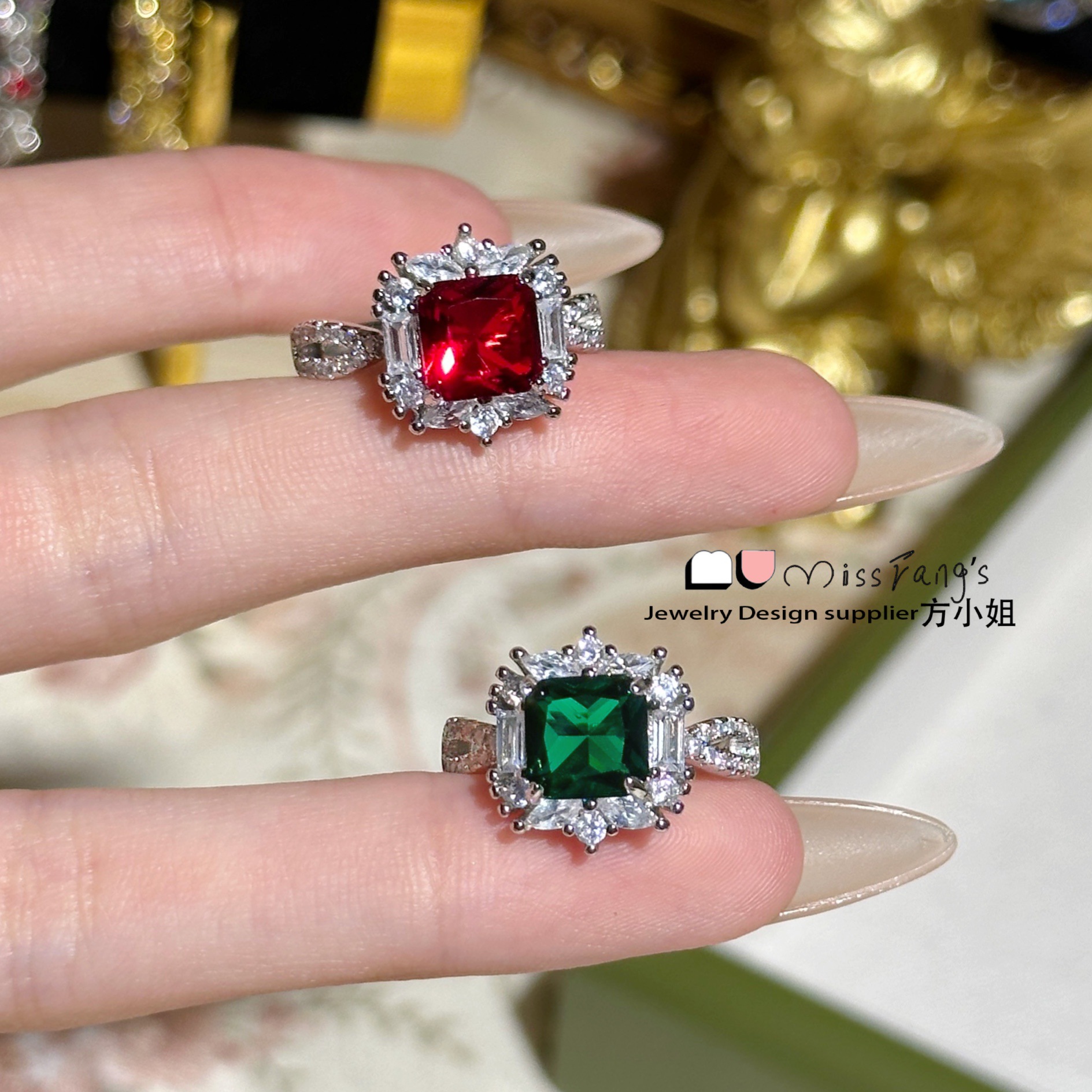 ms fang新品跨境鸽血红方形几何戒指女 镀18k金 欧美时尚个性风