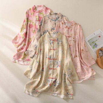 韩版新款复古中国风盘扣衬衫女印花棉麻轻薄旗袍上衣-阿里巴巴