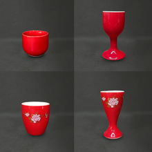 陶瓷红色酒杯一口高脚杯结婚敬酒杯古典中国风家用小酒蛊牡丹双喜