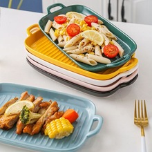 早餐盘长方形网红双耳烤箱专用烤盘烘焙菜盘创意圆盘平盘厨用陶瓷