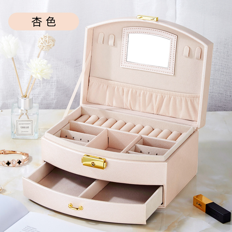 Cross-Border Jewelry Box Fan-Shaped Leather Double Drawer Ring Necklace with Lock Ear Rings Jewelry Jewelry Storage Box