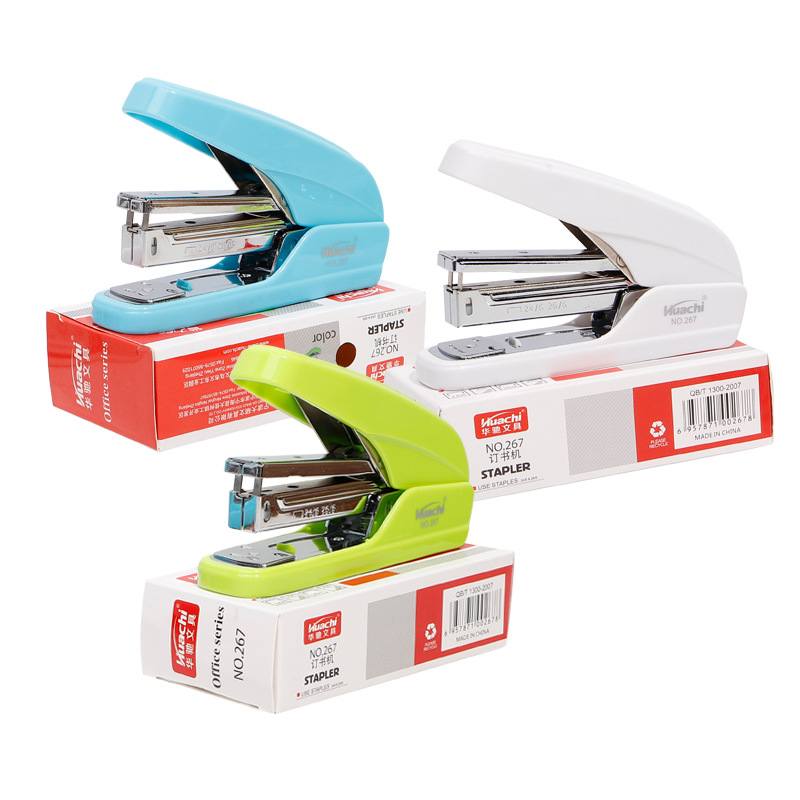 华驰便携省力型订书机 彩色鲜艳办公学生手握中型订书机