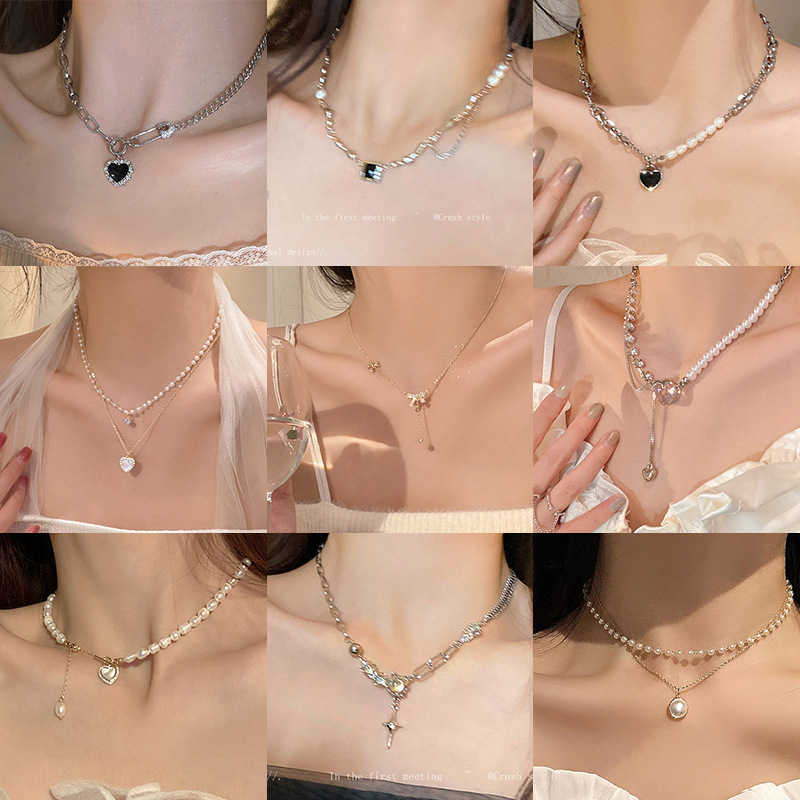 Double Layers Loving Heart Pearl Necklace for Girls No Fading Twin Necklace Design Sense Niche Clavicle Chain for Women