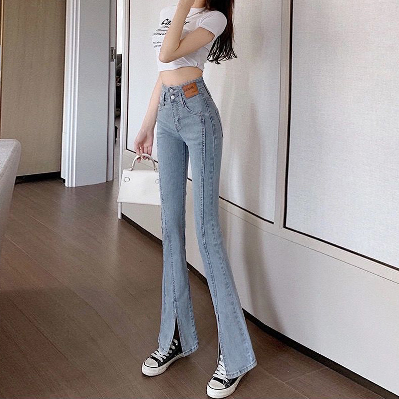   Front Slit Skinny Jeans for Women Spring and Summer New Elastic High Waist Tight Slimming Mopping Flared Pants